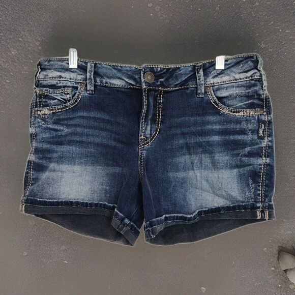 Silver Jeans Elyse Short Cutoff Shorts, 29 x 4, Embroidered, Distressed, Dk Blue - Picture 1 of 9